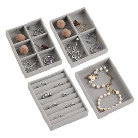 Frebeauty Small Jewelry Tray Set,Stackable Velvet Jewelry Organizer Tray,Mini Jewelry Drawer Organizer,Drawer Inserts,4.92 x 3.74 x 0.9 Inches,Earring Organizer for Women(Set 4,Grey)