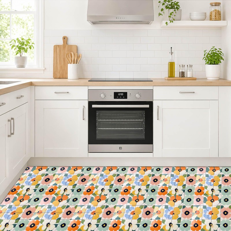 IVN Pastel Abstract Flowers Peel and Stick Floor Tiles 12x12