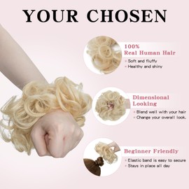 TESSHAIR Messy Bun Hair Piece for Updos Style Human Hair Bun Wavy Curly Scrunchie for Women Girls #Platinum Blonde