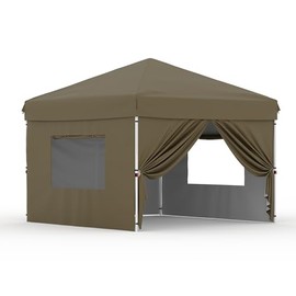Garvee 10x10 Pop Up Canopy Tent Outdoor Canopy One-Person Set Up Heavy Duty Commercial Instant Tent Shelter, 4-Sidewall+Brown