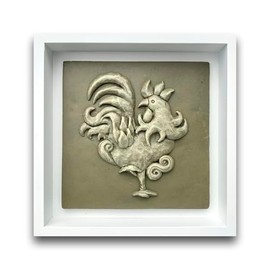Arami Arte, Cuadro Decorativo Gallo Fa, En Relieve, 23 X 23 Cm, Marco Blanco, Diseño Artesanal, Estilo Rústico
