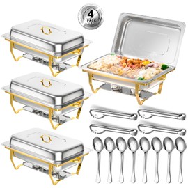 Keyoxy Chafing Dishes for Buffet 4 Pack 8 Qt, High Grade Chafing Dish Buffet Set with 12 PCS Serving Utensils,Full Size Pan,Food Warmers for Parties,Buffet,Wedding, Birthday,Camping [Half Gold]