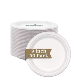 ENVOSPIRE 9” Bagasse Disposable Heavy Duty Plates – Pack of 50 | Eco-Friendly, Heavy-Duty Paper Plates | Compostable, Biodegradable, Food Grade Sugarcane Fiber | for Home, Events, Camping & More.