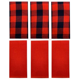 Bee & Willow Buffalo Plaid Kitchen Dish Towels Set of 6, Red Black, Cotton, Bee & Willow