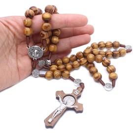 Siganorpy Wood Rosary Necklace Wooden Smooth Beads Catholic Cross Necklace Religious Jewelry Catholic Jesus Cross Pendant Necklace for Men (Brown)