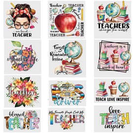4/9/12 Pcs,Colorful Teacher Life Theme Iron-On Transfers, HTV Heat Transfer Vinyl Decals, Mixed Colors, Letters Designs Patches for T-Shirts, DIY Crafts and Clothing Decoration (TC-11)