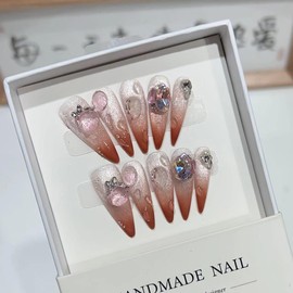 Handmade Press On Nails Long MouyouGlow, Stiletto Ombre Caramel Sweet Ocean 3D Bubble Cat Eye Magnetic Rhinestone Y2K Resuable Fake Nails, Handmade Artificial Fingernails, 10 Pieces, 218-XS