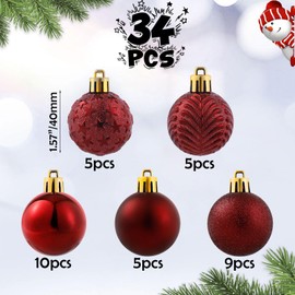 34ct Burgundy Mini Christmas Ball Ornaments Shatterproof Plastic Christmas Tree Decorations for Xmas Party Home Office Holiday Decor -Small Size (1.57"/ 40mm)