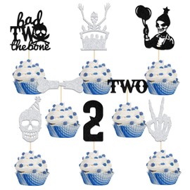24 Pcs Bad Two The Bone Cupcake Toppers - Bad Two the Bone Party Decorations Boy/Girl - 2nd Birthday Party Decorations Black Silver