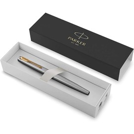 PARKER Jotter Fountain Pen, Stainless Steel Shaft with Gold Trim, Spring Strength M, Blue Ink, including Gift Box