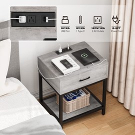 IDEALHOUSE 2024 New Nightstand with Charging Station - Rustic Grey Side Table with Drawers and Open Shelf - Bedside Table with USB Ports and Outlets