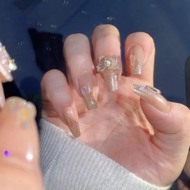 Press on Nails Medium Square Shaped False Nails 3D Charm Glitter Rhinstones Butterfly Design Fake Nails Artifical Acrylic Nails Full Cove Coffin Nails Glue on Nails for Women DIY Stick on Nails Set