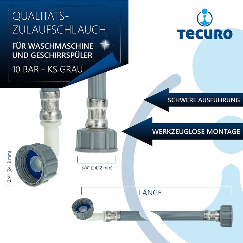 tecuro Washing Machines Dishwasher Inlet Hose Plastic Grey 2.50 m