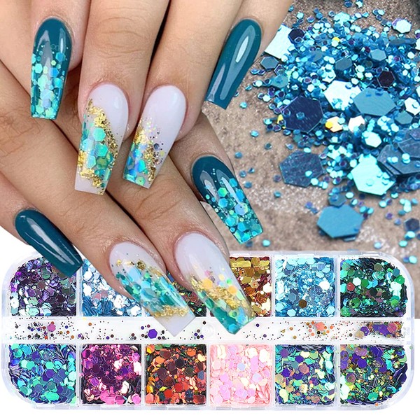 12 Colors Chameleon Nail Art Sequins 3D Nail Glitter Flakes Laser Gradient Nail Art Design Holographic Nail Glitters Powder for Women Girls Manicure Tips Charms Decoration DIY Nails Supplies