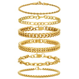 XIANNVXI Gold Bracelets Rope Paperclip Chain Bracelets 6 Pcs Stainless Steel Bracelets for Men Women Cuban Chain Link Bracelet Set 8.3 Inches