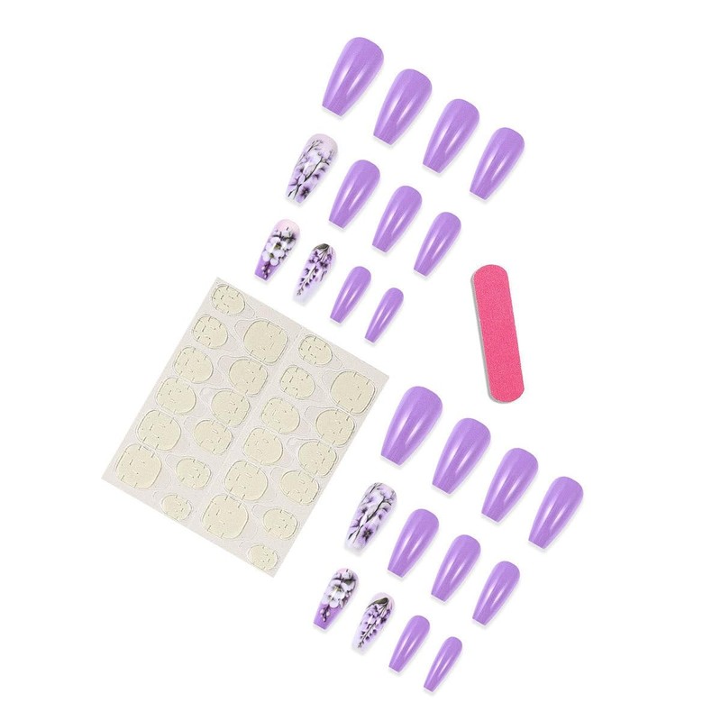 24PCS Purple Press on Nails Long Coffin Fake Nails Full