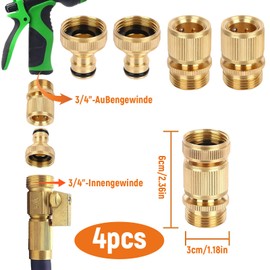 Benaton Pack of 4 Solid Brass Quick Coupling, 2-in-1 Female Thread Tap Connector Adapter, 3/4 Inch Hose Connector Brass, for Washing Machine, BSP Garden Hose, Car Wash