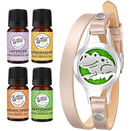 Wild Essentials Happy Frog Essential Oil Leather Wrap Bracelet Diffuser Kit, Gift Set, Lavender, Lemongrass, Peppermint, Orange Oils, 12 Pads, Customizable Color Changing Perfume Jewelry, Aromatherapy