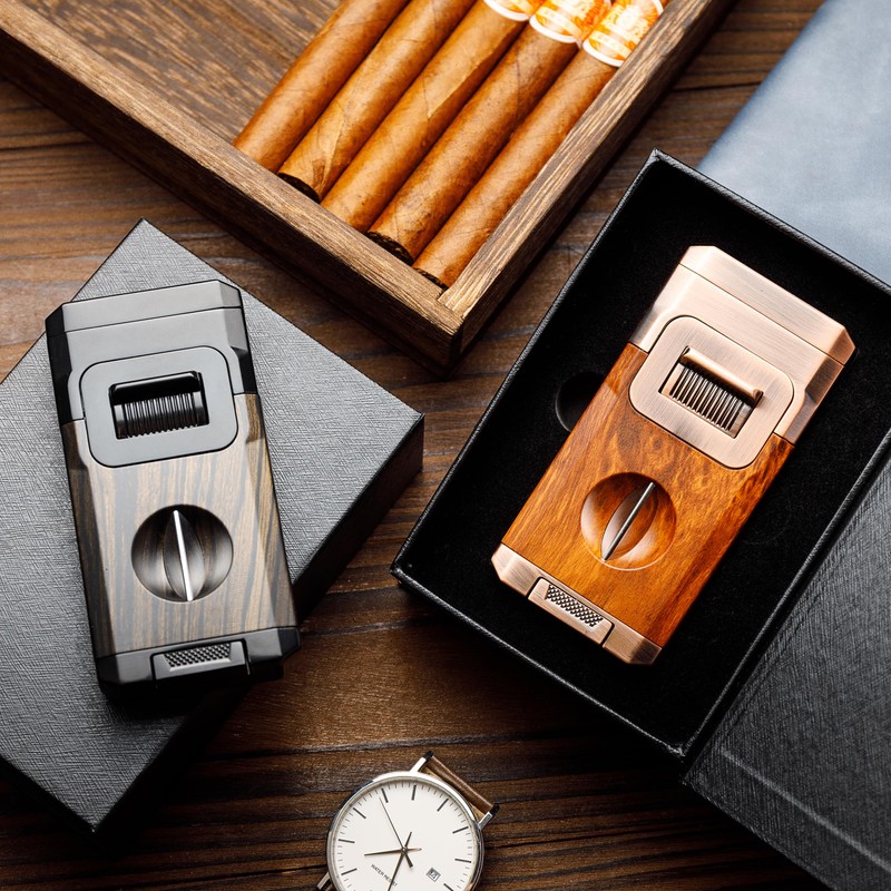 Woodronic Cigar Lighter with V-Cut Cigar Cutter and Cigar Holder,