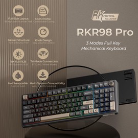 RK ROYAL KLUDGE R98 Pro Wireless Mechanical Keyboard, Creamy Bluetooth/2.4GHz/Wired RGB Gaming Keyboard with Number Pad and Knob, MDA Profile PBT Keycaps, Gasket Hot Swappable Linear Switch, Black