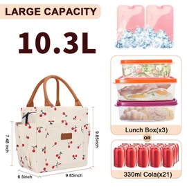 Joymee Lunch Bag Women Insulated Lunch Box Cute Corduroy Reusable Leakproof Large Capacity Lunch Tote Bag for Women Men Adult with Bottle Holder and Side Pockets for Work - Corduroy Cherry