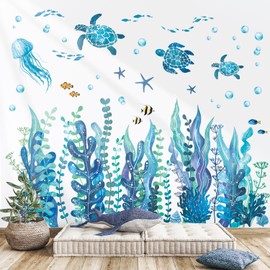 DECOWALL DS12-8084 Seaweed and Sea Creatures Wall Stickers Under The Sea Decals Fish Turtle Ocean Grass Jellyfish Colorful Tropical Bedroom Bathroom playroom Gift