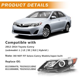 Headlight Assembly Compatible with 2012 2013 2014 Toyota Camry L/Se/Le/Xle Halogen Headlamp Pair, Black Housing Amber Reflector