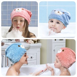 JLEivvi 2PCS Hair Towel Wrap Cute Bear Dry Hair Caps Hair Drying Wrap Towel Bath Head Wrap Drying Turban Cap for Women, Girls, Children and Kids