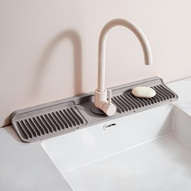 Longer Silicone Faucet Mat for Kitchen Sink – Button Style Faucet Drip Catcher & Leak-Proof Sink Splash Guard with 6° Slope, Behind Faucet Draining Mat,Gadgets for Bathroom (light gray, large)