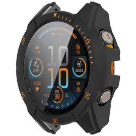 AWADUO Compatible with Garmin Tactix 8 AMOLED 51mm Watch Full Coverage PC Protective Case Cover with Tempered Glass Touchable Screen Protector Smartwatch Accessories(Black+Orange)