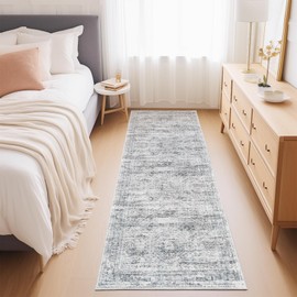 Restydon Rug Runners for Hallways Non Slip - 2x8 Runner Rug for Bedroom, Washable Runner with Rubber Backing, Soft Low-Pile Carpet for Kitchen, Laundry, Bathroom (2'x8', Grey/Ivory)