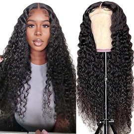 Lakaisa Human Hair Deep Wave Human Hair Wig 4 x 1 Lace #1B Natural Black Glueless Wear and Go Wig Women's Real Hair Bleached Knots Pre Plucked Hairline with Baby Hair for Woman 30 Inches