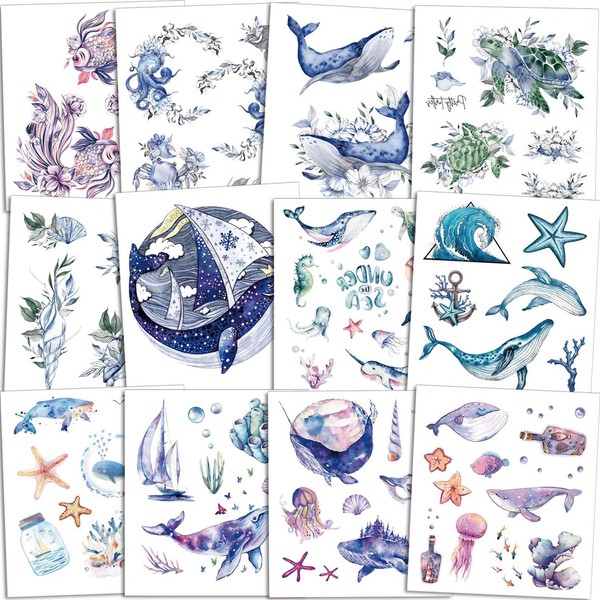 Qpout Pack of 120 Ocean Animals Temporary Tattoos for Children, Fake Sea Creatures Tropical Ocean Fish Shark Dolphin Waterproof Tattoo Stickers Girls Boys Birthday Party