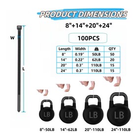 Aroono Cable Zip Ties, 100 PCS Black Self-Locking Cable Ties, Assorted Sizes 24+20+14+8 Inch, Multi-Purpose Wire Management Nylon Ties, UV Resistant Wire Ties, for Home, Office, Gardening, Fence, etc.