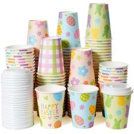 200 Set Easter Disposable Coffee Cups with Lids, Bulk 12oz Colorful Eggs Paper Cups, Happy Easter Coffee Cups for Hot Chocolate Cold Drinks Spring Holiday Party Supplies Decorations