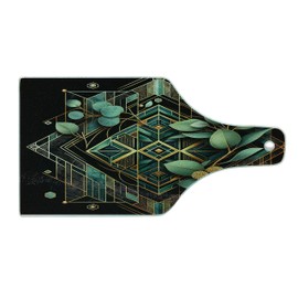 Ambesonne Eucalyptus Leaves Cutting Board, Art Deco Inspired Geometric Rhombus Ornament Botanical Look, Decorative Tempered Glass Cutting and Serving Board, Wine Bottle Shape, Black Laurel Green Amber