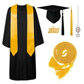 GraduatePro Graduation Cap Gown 2025 Black Tassel with Gold Stole Cord Tassel Photo Charm Ornament for High School Collge University Black 51