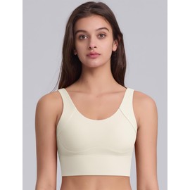 ABOCIW Sports Bras for Women Deep V Back Longline Sports Bra Scoop Neck Wireless Padded High Impact Gym Yoga Bra Workout Tank Top Hook and Eye Closure Bra #1 Ivory Small