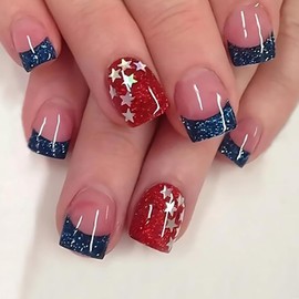 Independence Day Press on Nails Short Square Blue Glitter Fake Nail with Star Designs 4th of July Patriotic False Nails Acrylic Glue on Nail Full Cover Artificial Stick on Nail for Women 24 Pcs