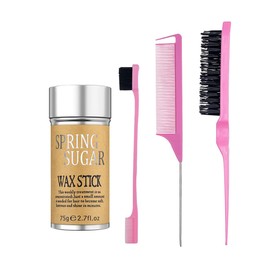 SPRINGSUGAR- Juego de 4 paquetes de cera para el cabello en barra, cepillo para el borde del cabello liso hacia atrás, peine rosa, barra de cera para cabello suelto, peinado