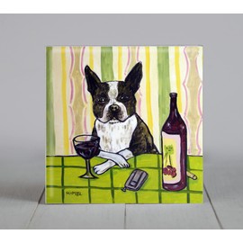 Boston Terrier at the Wine Bar dog art tile coaster gift