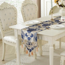 Embroider Table Runner, Luxury Jacquard Fabric Dining Table Runner with Tassels for Home Decoration Kitchen Party,11" x 48",Blue