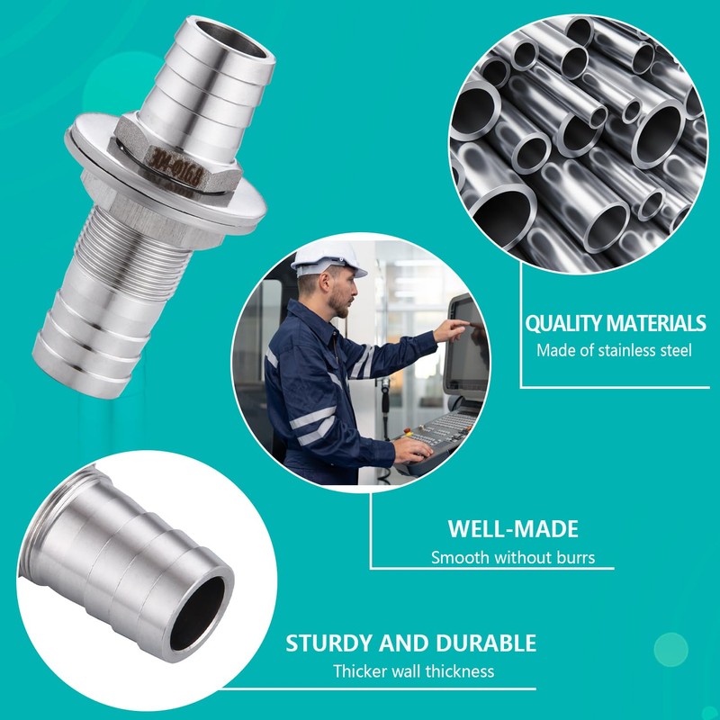 5/8" Hose Barb Thru-Bulk Bulkhead Fitting,304 Stainless Steel Straight Hex