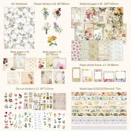 Vintage Botanical Scrapbooking Supplies Kit, Aesthetic Flower Scrapbook Kit for Bullet Junk Journal, 12 Rolls Washi Tape, Stickers Papers for DIY Journaling Supplies, Craft Gift for Girl Kid Women