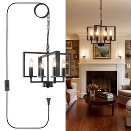 MEIJIA Plug in Chandelier, 4 Light Black Geometric Hanging Lights with Plug in Cord 15FT & Switch, Plug in Hanging Light for Dining Room Living Room Kitchen Bedroom, Outdoor Chandelier for Gazebo