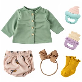 BABESIDE 6 Pcs Reborn Doll Clothes and Doll Accessories for 17-22 Inch Lifelike Dolls, Green Doll Clothes with Rattles for Reborn Doll Boys & Girls(Dolls not Included)