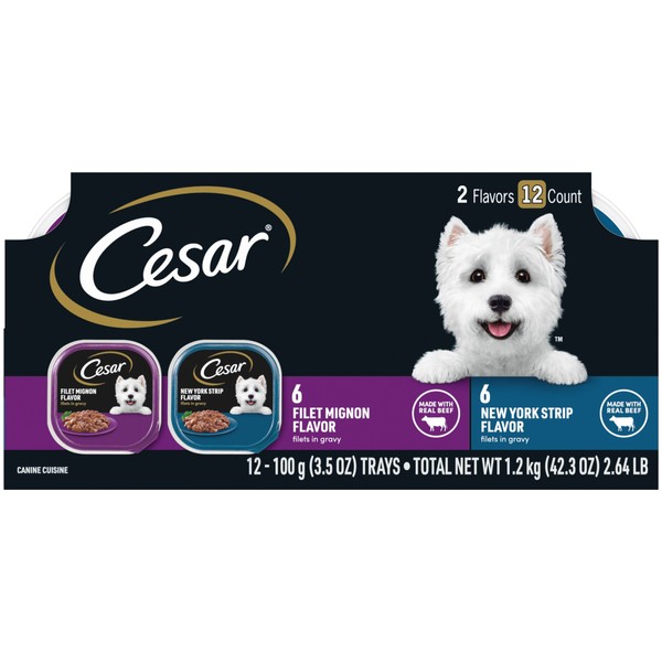 CESAR Adult Soft Wet Dog Food Filets in Gravy Variety Pack, Filet Mignon and New York Strip Flavors, 3.5 oz. - 12 Trays (1-Pack)