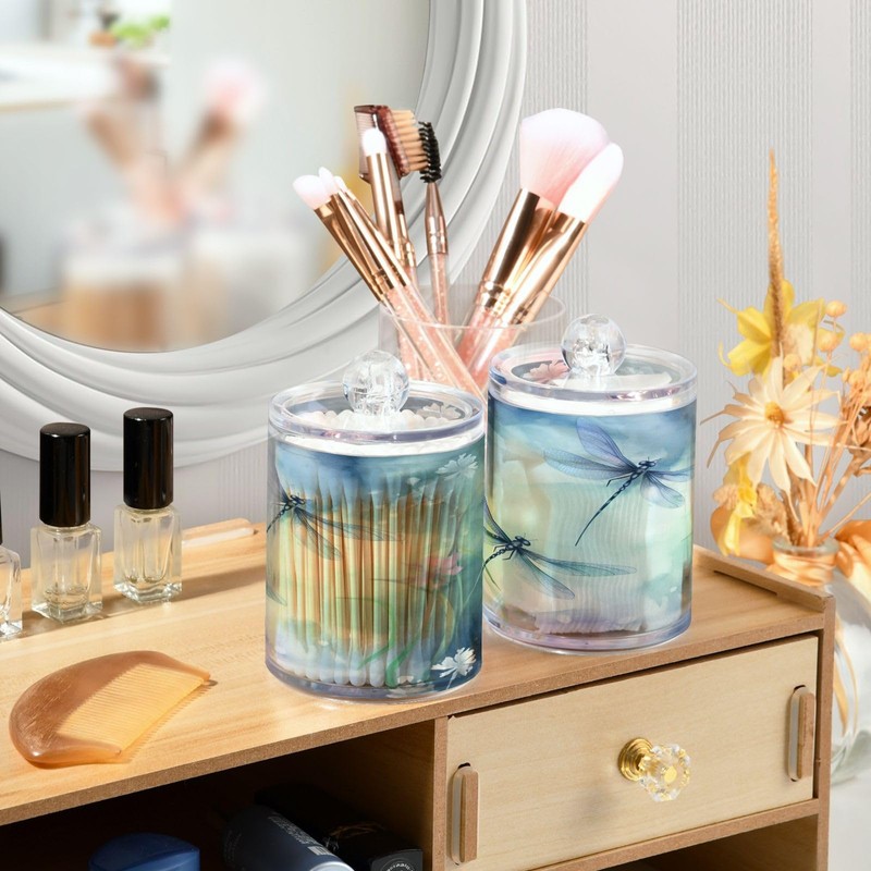 SDMKA 2 Pack Apothecary Jars Bathroom Watercolor Dragonflies Qtip Holder