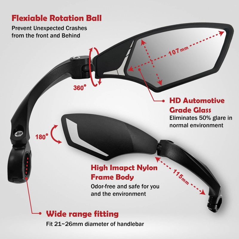 Hafny NEW Handlebar Bike Mirror, HD,Blast-resistant, E-bike Mirror, Glass Lens,