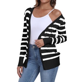 YUNDAI Womens Stripe Cardigans V Neck Long Sleeve Lightweight Button Down Jumpers Ribbed Knit Spring Fall Tops Cardigan for Women UK, Large Black Stripe White